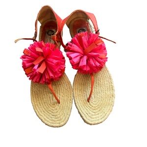 LANVIN Paris Women's Pink Orange Flower T Strap Sandals Shoe Size 41